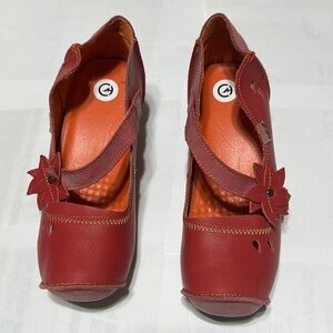 Maia Leather Women's Red Leather Shoes with Floral Accent and Floral Heel
